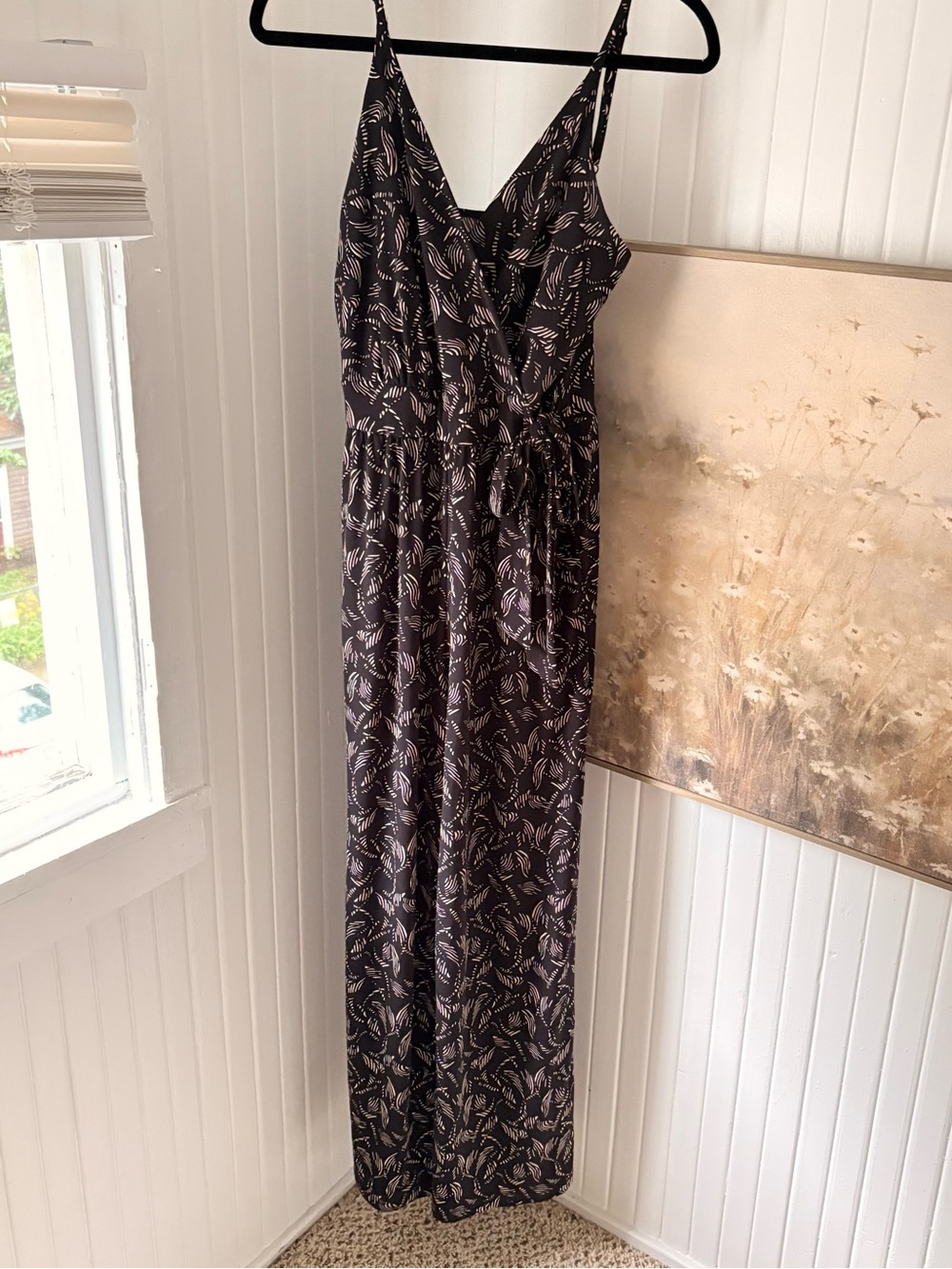 Kaileigh Black Jumpsuit with Light cream Leaf Print Size Small